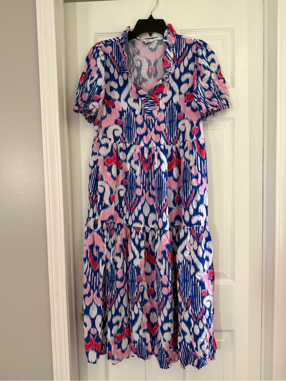 crown & ivy Blue and Pink Printed Dress with Ruffle Trim